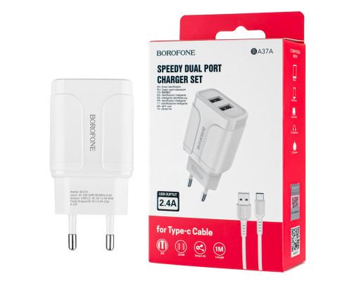 Зарядний пристрій BOROFONE BA37A 2USB, White (with Type-C cable) NBB-128874