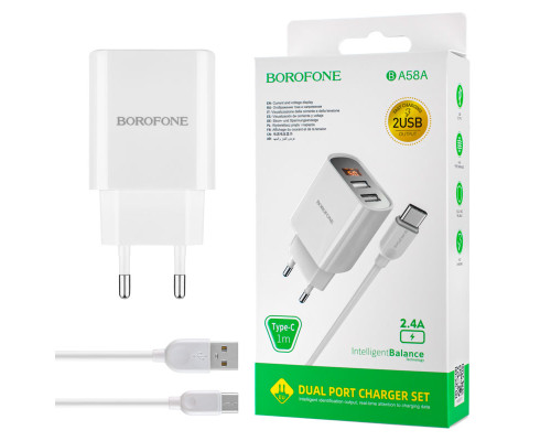 Зарядний пристрій BOROFONE 2USB, (digital display) White (with Type-C cable) NBB-128875