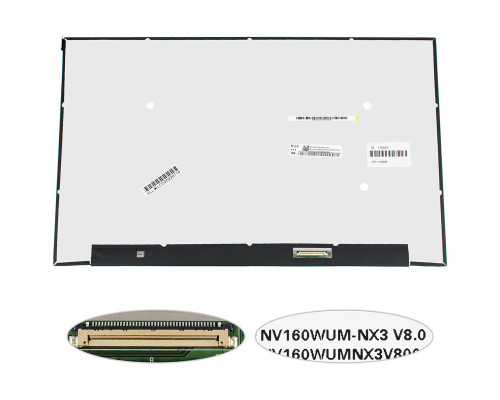 Матриця 16.0" NV160WUM-NX3 (1920 * 1200, 40pin (eDP, IPS, 165Hz, 500cd/m2, sRGB 100%), LED, SLIM (без додаткової панелі), матова, роз'єм справа внизу) для ноутбука NBB-120822
