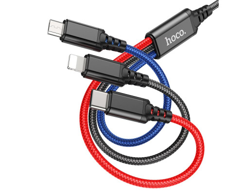 Кабель USB Hoco X76 3-in-1 IP+Type-C+Micro 2A Колір Чорний/Червоний/Синій 6931474768636