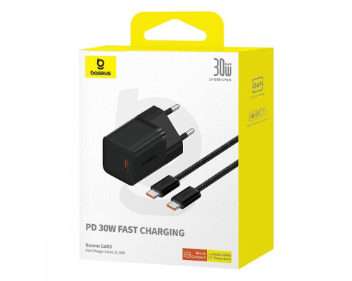 МЗП Baseus GaN5 Mini Fast Charger Type-C 30W (With Cable Type-C to Type-C 100W 1m) blue 2003000198232 6932172654429