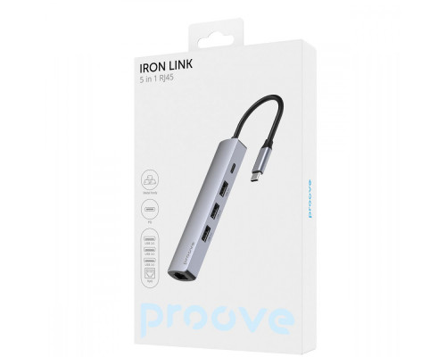 Type-C-Хаб Proove Iron Link 5 in 1 (3*USB3.0 + Tyce C + RJ45) silver