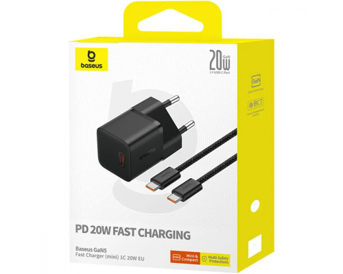 МЗП Baseus GaN5 Mini Fast Charger Type-C 20W (With Clable Type-C to Type-C 100W 1m) black 2003000172089 6932172654504