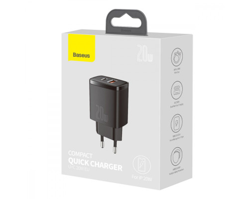 МЗП Baseus Compact Quick Charger 20W QC+ PD (1Type-C + 1USB) black