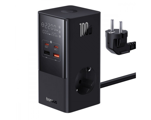 Мережевий фільтр Baseus Power Combo Tower Digital (2*AC+2*USB+2*Type-C 100W 1.5m) black