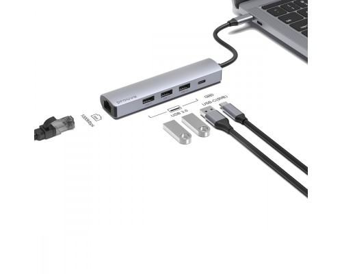 Type-C-Хаб Proove Iron Link 5 in 1 (3*USB3.0 + Tyce C + RJ45) silver