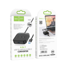 Хаб USB Hoco HB31 Easy 4-in-1 converter(USB to USB3.0+USB2.0*3)(L=1.2M) Колір Чорний