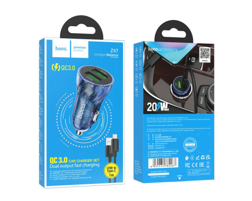 Автомобільний Зарядний Пристрій Hoco Z47 Transparent QC3.0 18W Type C Колір Прозорий синій