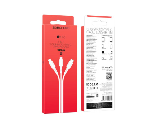 Кабель USB Borofone BX16 3-in-1 Easy IP+Micro+Type-C М'ята упаковка Колір Чорний 2020000343769