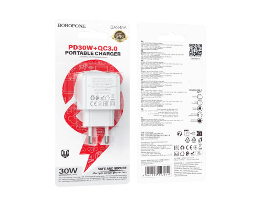 Мережевий Зарядний Пристрій Borofone BAS45A 1USB-C/1USB PD/QC 30W Колір Бiлий 6941991113871 ma35140_3345031