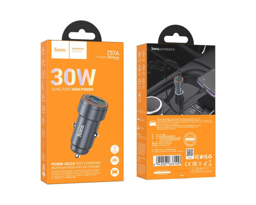 Автомобільний Зарядний Пристрій Hoco Z57A 1USB/1USB-C PD30W/QC3.0 Колір Сiрий 6942007633109 ma35604_3347273