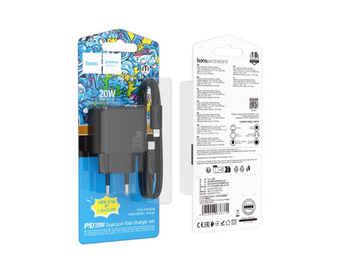 Мережевий Зарядний Пристрій Hoco CS16A 1USB-C/1IP PD/QC 20W+Type-C to Lightning Колір Чорний 6942007638371 ma35777_3605182