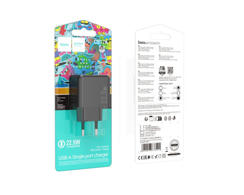Мережевий Зарядний Пристрій Hoco CS17A 1USB Multi-Protocol 22.5W Колір Чорний 6942007638401 ma35778_3605183