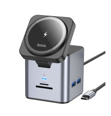 Хаб USB Hoco HB49 Type-C to HDTV+PD100W+USB3.0*3+SD+TF+RJ45(1Gbps)+Wireless 15W Колір Сiрий 6942007631259 ma35185_3345259