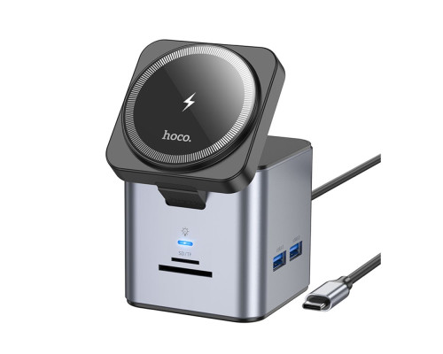 Хаб USB Hoco HB49 Type-C to HDTV+PD100W+USB3.0*3+SD+TF+RJ45(1Gbps)+Wireless 15W Колір Сiрий 6942007631259 ma35185_3345259