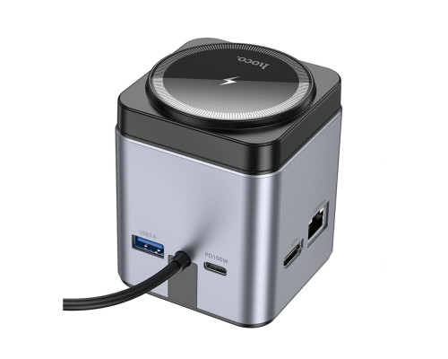 Хаб USB Hoco HB49 Type-C to HDTV+PD100W+USB3.0*3+SD+TF+RJ45(1Gbps)+Wireless 15W Колір Сiрий 6942007631259 ma35185_3345259