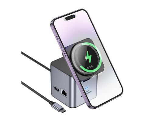 Хаб USB Hoco HB49 Type-C to HDTV+PD100W+USB3.0*3+SD+TF+RJ45(1Gbps)+Wireless 15W Колір Сiрий 6942007631259 ma35185_3345259