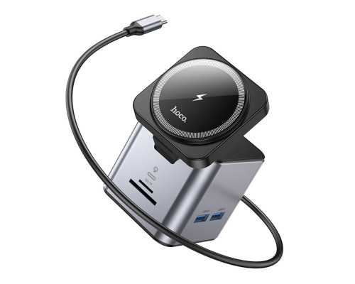 Хаб USB Hoco HB49 Type-C to HDTV+PD100W+USB3.0*3+SD+TF+RJ45(1Gbps)+Wireless 15W Колір Сiрий 6942007631259 ma35185_3345259