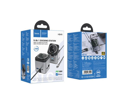 Хаб USB Hoco HB49 Type-C to HDTV+PD100W+USB3.0*3+SD+TF+RJ45(1Gbps)+Wireless 15W Колір Сiрий 6942007631259 ma35185_3345259