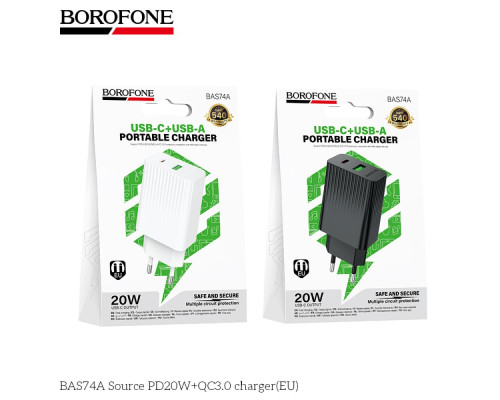 Мережевий Зарядний Пристрій Borofone BAS74A 1USB-C/1USB PD/QC 20W Колір Чорний 6941991122750 ma38214_3667894