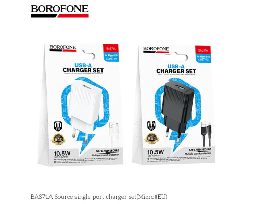 Мережевий Зарядний Пристрій Borofone BAS71A 1USB 2.1A+USB to Micro Колір Білий 6941991122606 ma38206_3667877