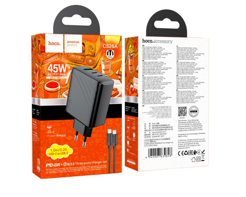 Мережевий Зарядний Пристрій Hoco CS26A 2USB-C/1USB PD/QC 45W+Type-C to Type-C М'ята упаковка Колір Чорний 2020000495246 ma38899_3868856