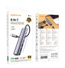Хаб USB Borofone DH16 6-в-1 Type-C to HDMI+PD+USB3.0+USB2.0*2+RJ45(L=0.15M) М'ята упаковка Колір Сiрий 2020000498278 ma39051_3869673