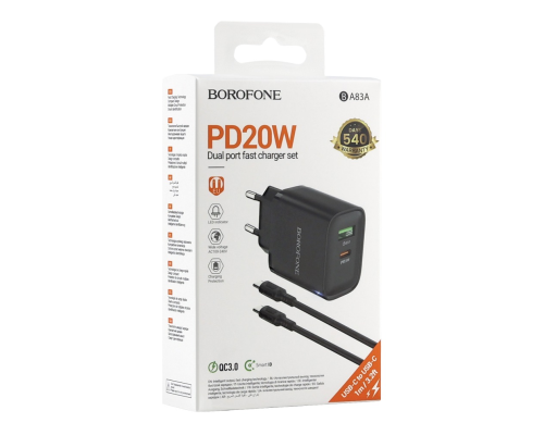 Зарядний пристрій Borofone BA83A 20W 3A USB-A+USB-C з кабелем C-C black PLS-00-00155990