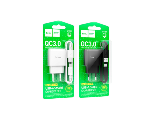 Зарядний пристрій Hoco C140A 18W 3A 1USB-A з кабелем Type-C white PLS-00-00138659