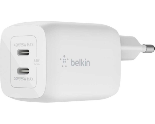 Зарядний пристрій Belkin 65W 3A GAN 2USB-С (WCH013VFWH) white