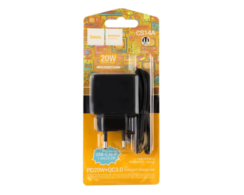 Зарядний пристрій Hoco CS14A 20W 3A 1USB-A+1USB-С з кабелем Lightning black PLS-00-00145457