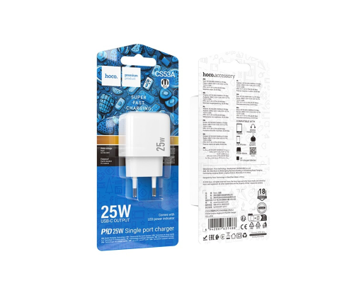 Зарядний пристрій Hoco CS53A 25W 3A 1USB-C white PLS-00-00145524