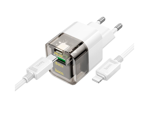 Зарядний пристрій Hoco C131A 30W 3A USB-A+USB-C з кабелем Lightning transparent black PLS-00-00141794