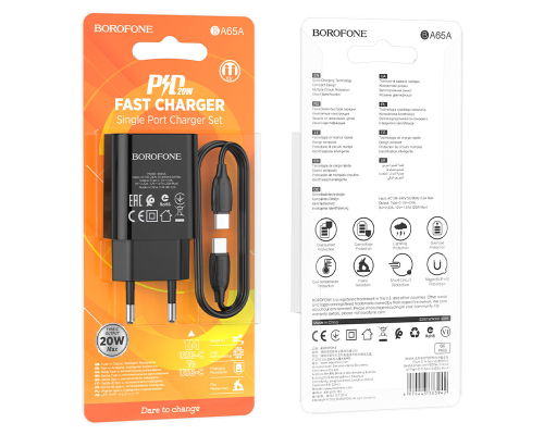 Зарядний пристрій Borofone BA65A 20W 3A 1USB-C з кабелем Type-C black PLS-00-00129950