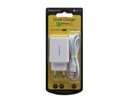 Зарядний пристрій Borofone BA21A 18W 3A 1USB-A з кабелем Type-C white PLS-00-00054080