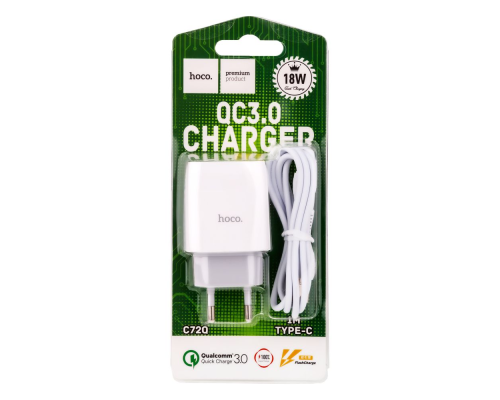 Зарядний пристрій Hoco C72Q 18W 3A 1USB-A з кабелем Type-C white PLS-00-00059568