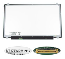 Матриця 17.3" NT173WDM-N17 (1600 * 900, 30pin (eDP), LED, SLIM (вертикальні вушка), глянець, роз'єм зліва внизу) для ноутбука NBB-137361