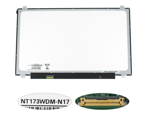 Матриця 17.3" NT173WDM-N17 (1600 * 900, 30pin (eDP), LED, SLIM (вертикальні вушка), глянець, роз'єм зліва внизу) для ноутбука NBB-137361