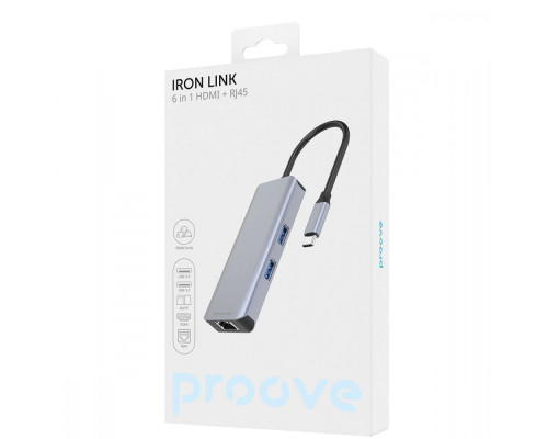 Type-C-Хаб Proove Iron Link 6 in 1 (2*USB3.0 + SD/TF + RJ45 + HDMI) silver