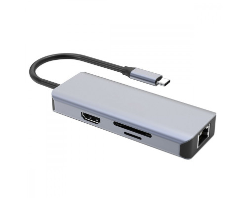 Type-C-Хаб Proove Iron Link 6 in 1 (2*USB3.0 + SD/TF + RJ45 + HDMI) silver