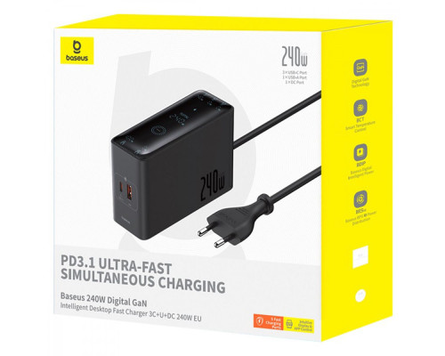 МЗП Baseus Digital GaN Intelligent Desktop Fast Charger 240W (3xType-C + USB + DC) + Кабель DC to DC black 2003000197969 6932172646110