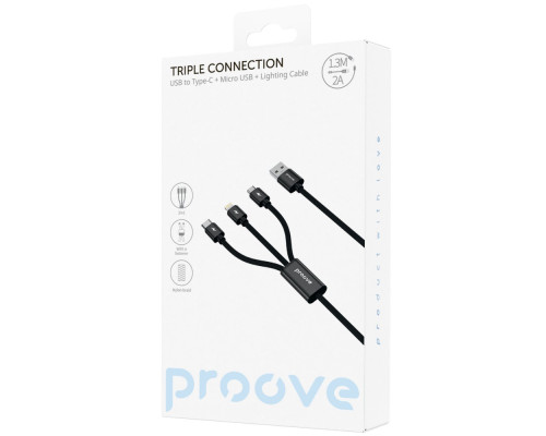 Кабель Proove Triple Connection 3 in 1 Type-C + Micro USB + Lightning (1.3m) black 2003000266238 6901117378058