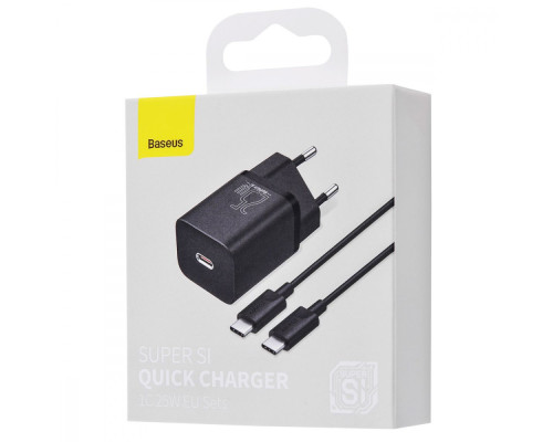 МЗП Baseus Super Silicone PD Charger 25W (1Type-C) + Cable Type-C to Type-C 3A (1m) black