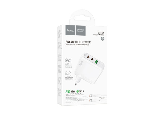 Мережевий Зарядний Пристрій Hoco C115A Header PD65W/QC (2C1A) GAN Type-C to Type-C М'ят.упак. Колір Бiлий 2020000382447