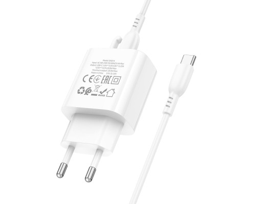 Мережевий Зарядний Пристрій Borofone BA81A 1USB-C PD/QC 20W+Type-C to Type-C Колір Бiлий 6941991108204