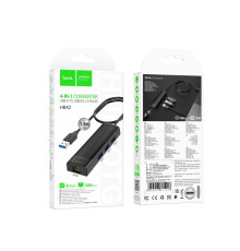 Хаб USB Hoco HB42 4-in-1 (USB to USB3.0*3+RJ45 1Gbps) (L=1.2M) Колір Чорний 6942007615228