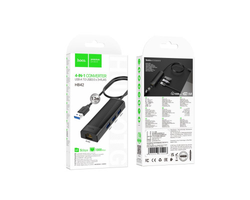Хаб USB Hoco HB42 4-in-1 (USB to USB3.0*3+RJ45 1Gbps) (L=1.2M) Колір Чорний 6942007615228
