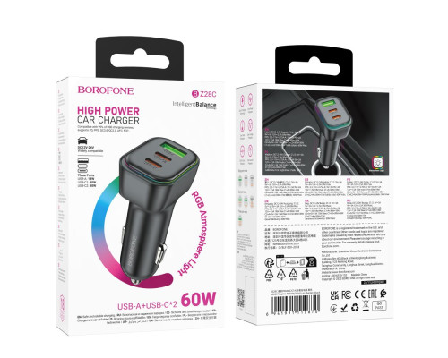 Автомобільний Зарядний Пристрій Borofone BZ28C 1USB/2USB-C QC/PD 60W Колір Чорний 6941991110870 ma36215_3607173