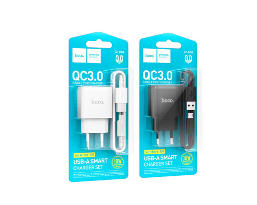 Мережевий Зарядний Пристрій Hoco C140A 1USB QC 18W+USB to Micro Колір Бiлий 6942007627818 ma36295_3607263