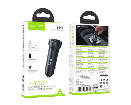 Автомобільний Зарядний Пристрій Hoco Z54B 2USB-C PD60W/QC3.0 Колір Сiрий 6942007645799 ma36902_3609488